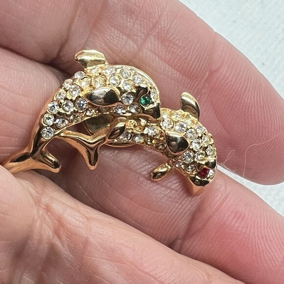 Gold Tone Dolphin Pair Clear Rhinestone Lapel Pin Green Red Rhinestone Eyes - Picture 5 of 7
